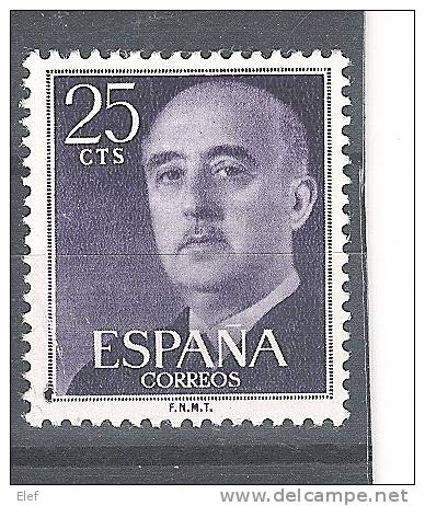 ESPANA / Espagne 1955, General Franco, Yvert N° 857, 25, Violet Foncé , Neuf * Avec VARIETE "TACHE DE COULEUR"; B/TB - Variétés & Curiosités