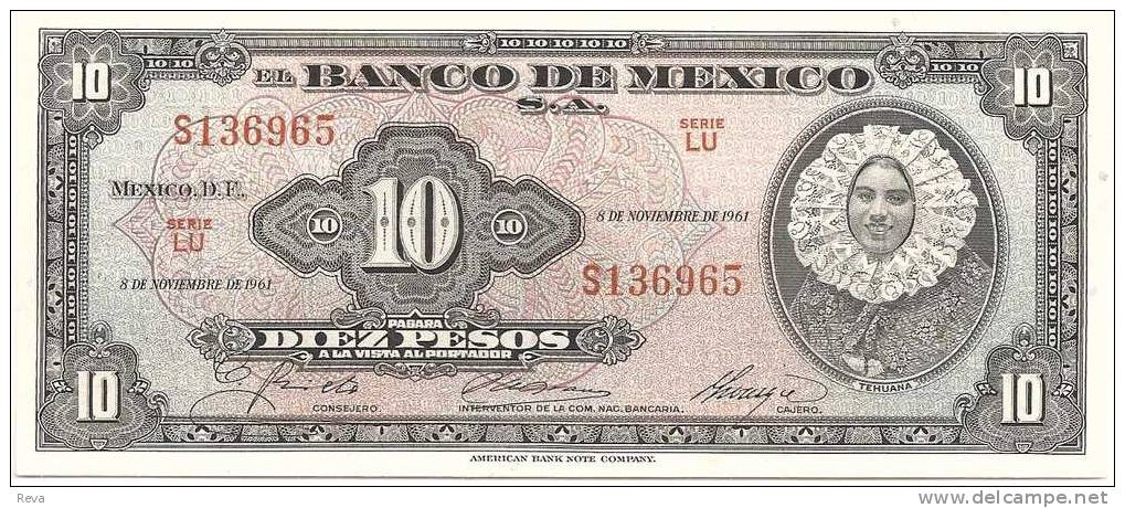 MEXICO 10 PESOS BLACK  WOMAN  FRONT LANDSCAPE BACK  DATED 8-11-1961 P58i SERIE LU  UNC READ DESCRIPTION !! - México