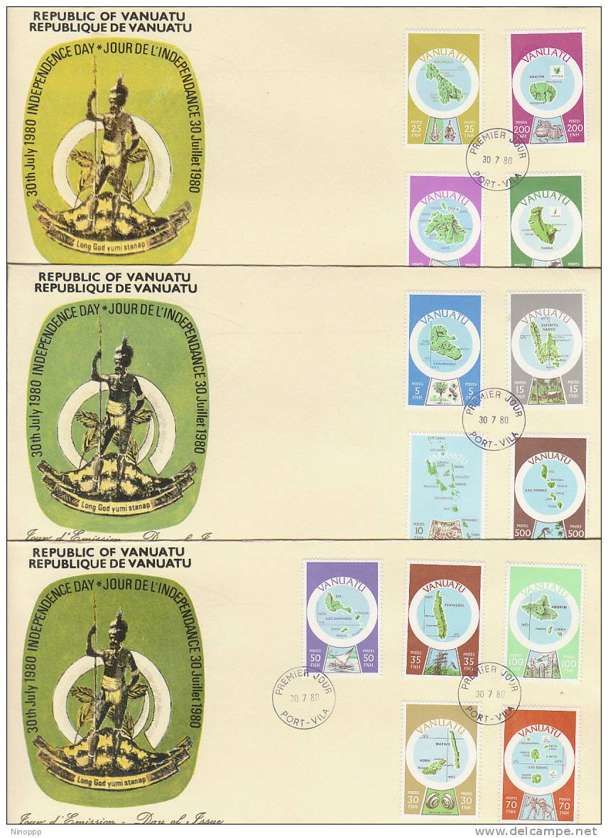 Vanuatu-1980 Definitive, French, Set 3 FDCs - Vanuatu (1980-...)