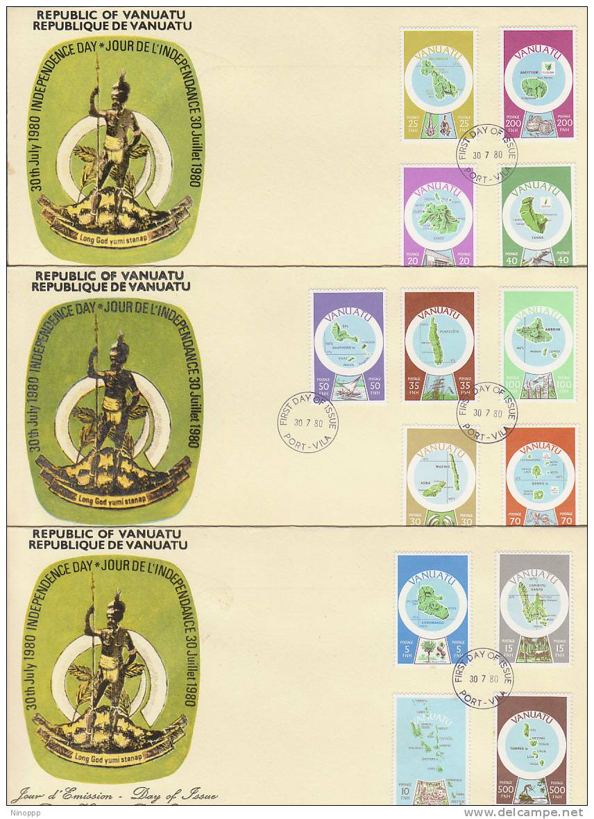 Vanuatu-1980 Definitives,British, Set 3 FDCs - Vanuatu (1980-...)