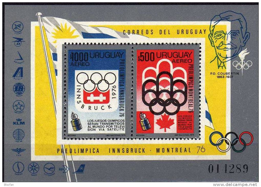 Olympic 1976 Uruguay  Block 24 ** 42€ Olympia-Emblem Von Innsbruck Austria, Montreal Canada - Winter 1976: Innsbruck