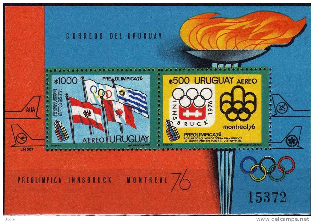 Olympiade 1976 Uruguay  Block 25 ** 42€ Olympia-Embleme, Flaggen Von Österreich, Canada, Uruguay - Hiver 1976: Innsbruck