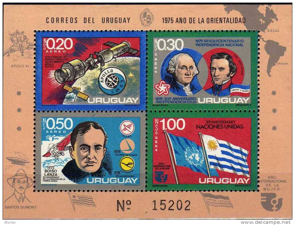 Unabhängigkeit Von Uruguay  Block 26 ** 42€ Apollo-Sojus, 200 Jahre USA, Lufthansa, UN-Flagge - Sud America