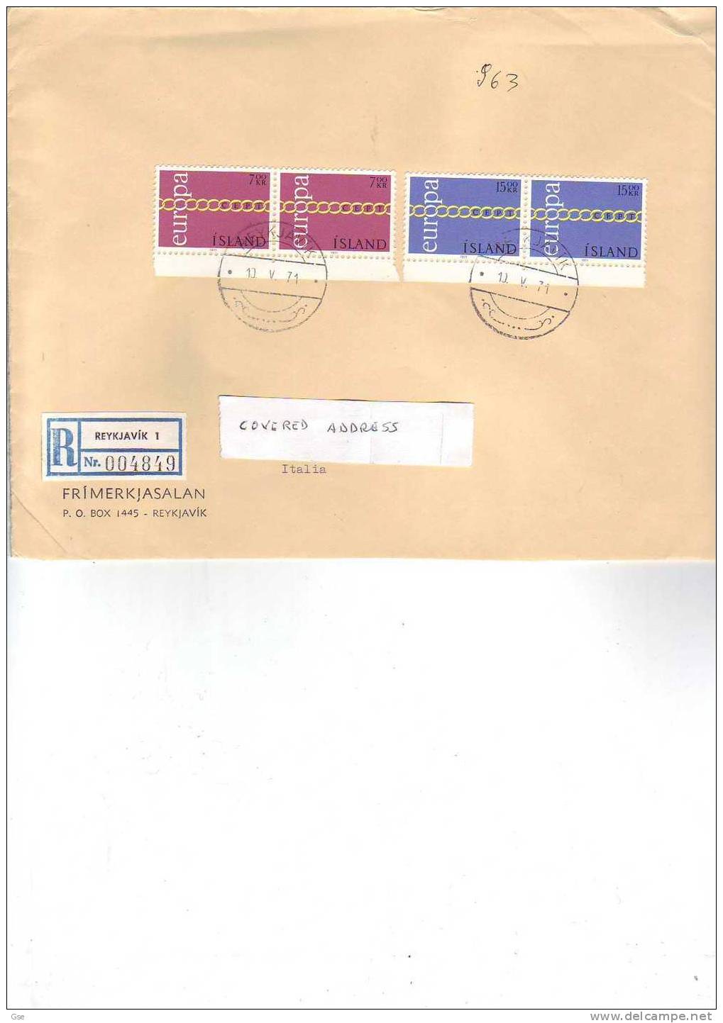 ISLANDA 1971-  Yvert  404/5 (x2) EUROPA-CEPT  Raccomandata  Per L'Italia - Storia Postale