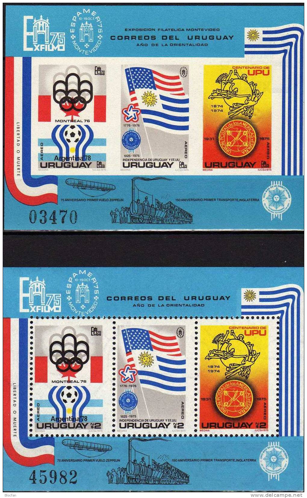 Expo 1975 EXFILMO Uruguay Block 28 A+B ** 66€ Olympiade Fußball-WM 200 Jahre USA100 Jahre UPU Ms Soccer Sheet Bf America - Uruguay