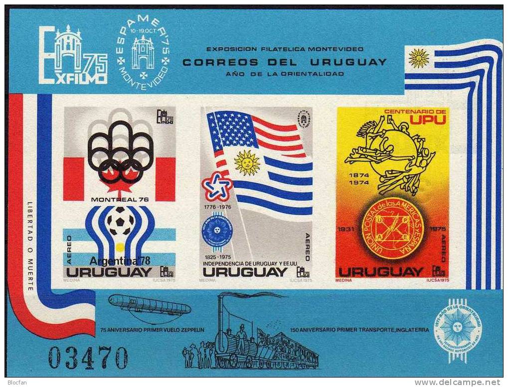 Expo 1975 EXFILMO Uruguay Block 28 A+B ** 66€ Olympiade Fußball-WM 200 Jahre USA100 Jahre UPU Ms Soccer Sheet Bf America - Uruguay