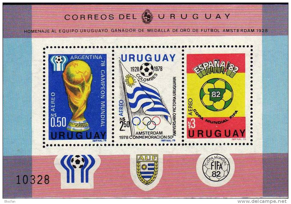 Fußball-WM 1982 Uruguay Block 44 ** 40€ FIFA-Pokal Olympia-Sieg 1928 Emblem WM In Spanien Hb M/s Soccer Sheet Bf America - Uruguay