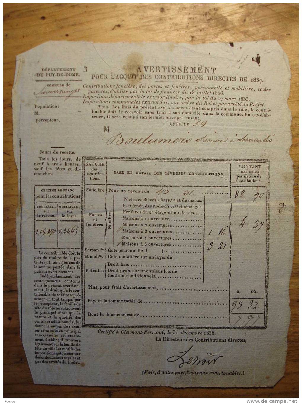 ANCIENNE DELARATION FEUILLE D' IMPOTS 1837 - SAUVESSANGES PUY DE DOME LERMOULIS  - CONTRIBUTIONS DIRECTES De 1837 - Collections