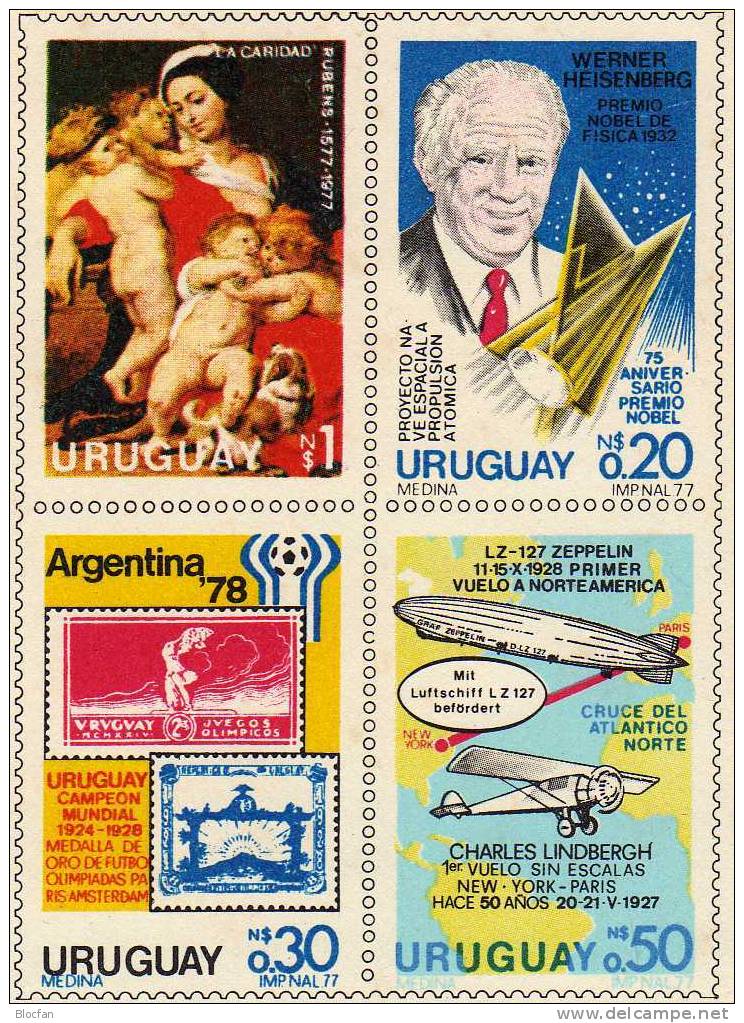 Ereignisse Uruguay Block I/77 ** 40€ 75 Jahre Nobel-Preis, Fußball-Marken, Zeppelin Und Lindbergh, Rubens - Zeppeline