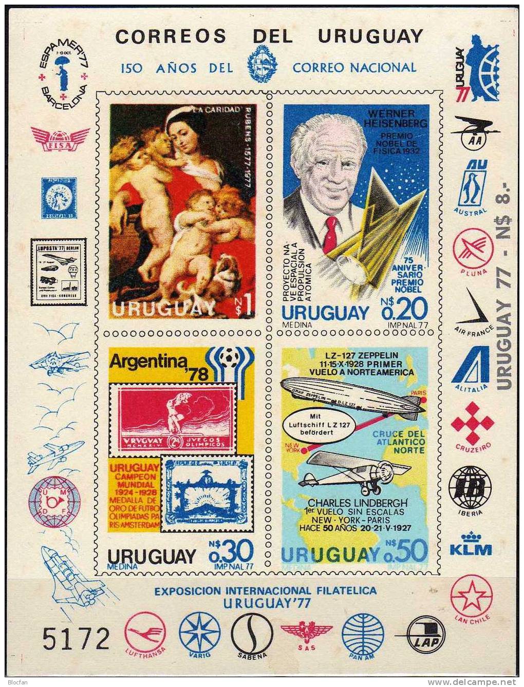 Ereignisse Uruguay Block I/77 ** 40€ 75 Jahre Nobel-Preis, Fußball-Marken, Zeppelin Und Lindbergh, Rubens - Zeppelines