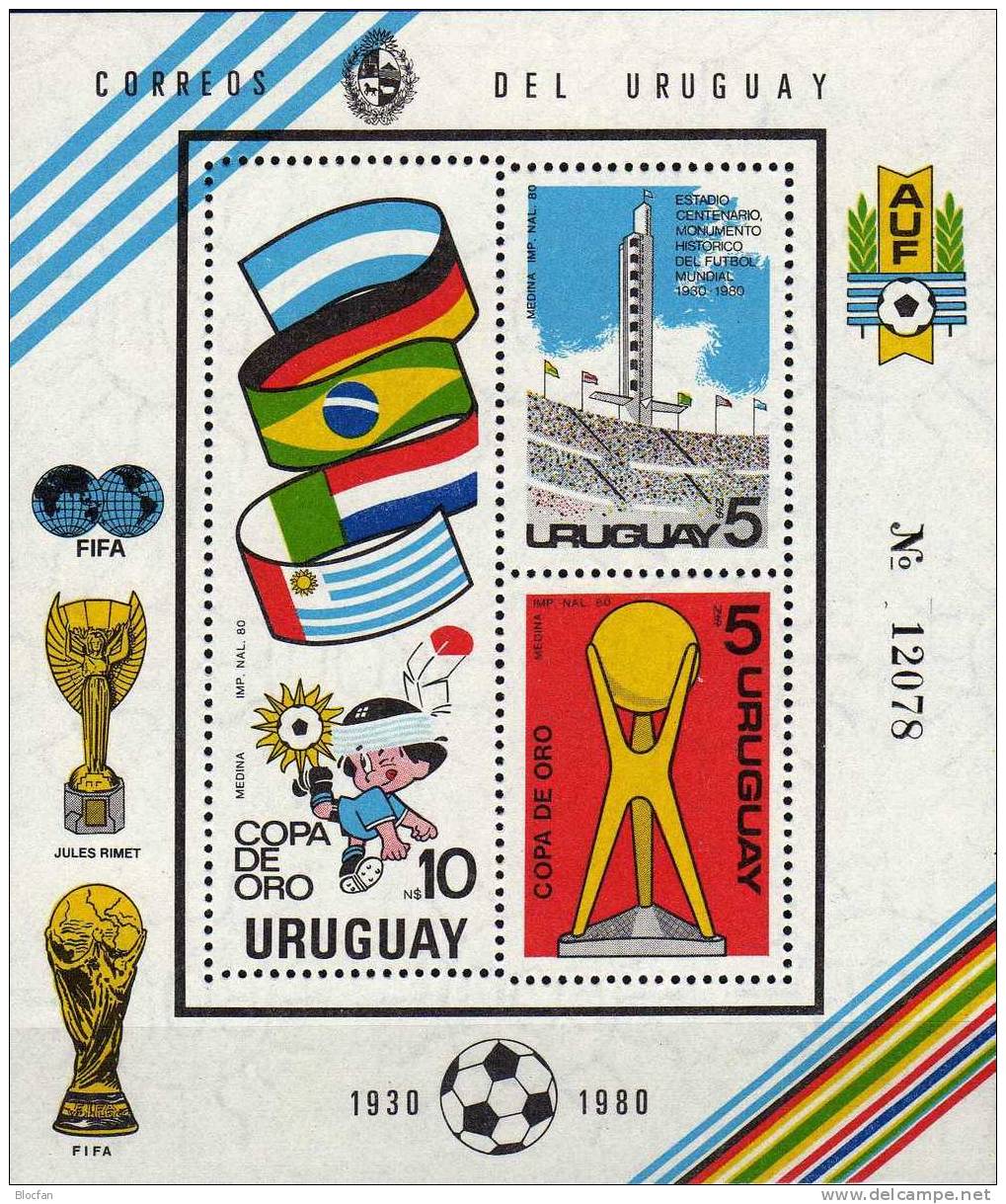 Fußball-Pokal 1980 Uruguay Block 50 ** 12€ Welt-Gold-Pokal Fußball-Stadion Flaggen Der Teilnehmer Soccer Bloc Of America - Coppa America