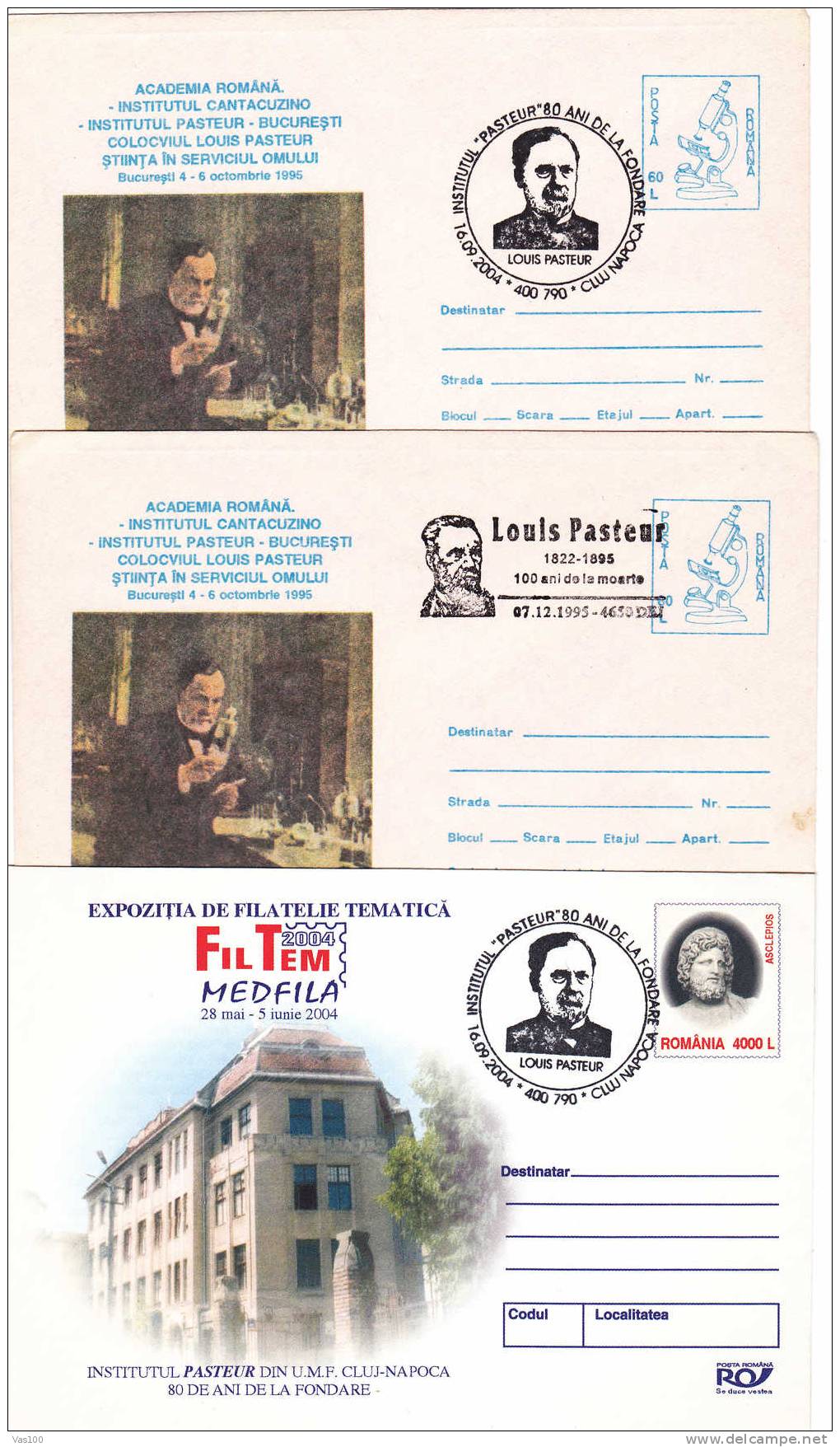 Louis Pasteur French Chemist And Biologist 3x Stationery Covers Obliteration Concordante 1995-2004 - Romania - Chimica