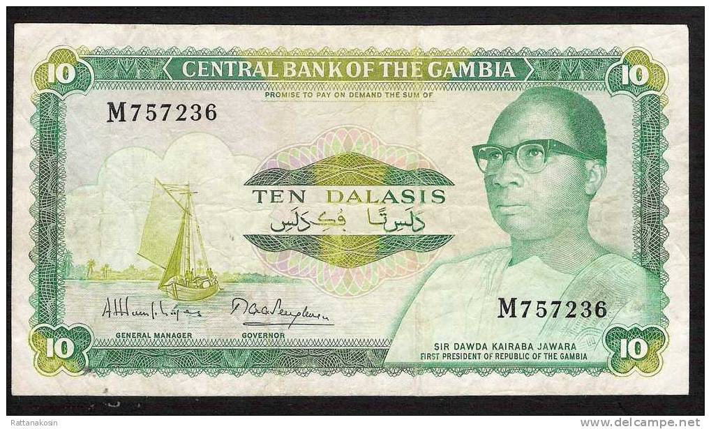 GAMBIA GAMBIE P6d  10 DALASI 1972 Signature  7  VF  NO P.h. ! - Gambia