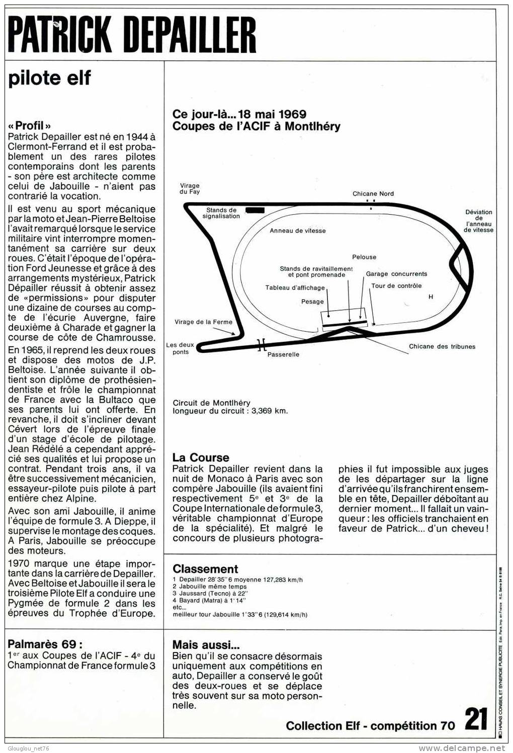 DOCUMENT  DIMENSION 21/30 CM PATRICK DEPAILLER COUPE DE L´ACIF MONTHLERY 1969  VOIR SCANER RECTO ET VERSO - Voitures