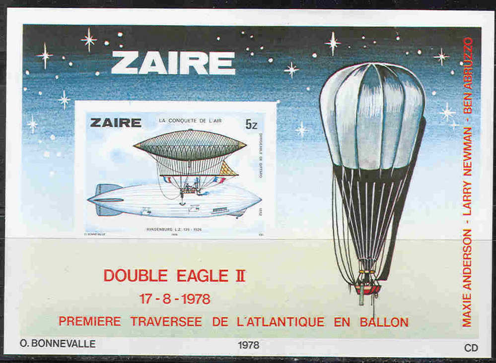 0642 ✅ Transport Aviation Airship Stratostat Dirigibles Zeppeline 1978 Zaire S/s MNH Imperf 30ME ** - Zeppelines