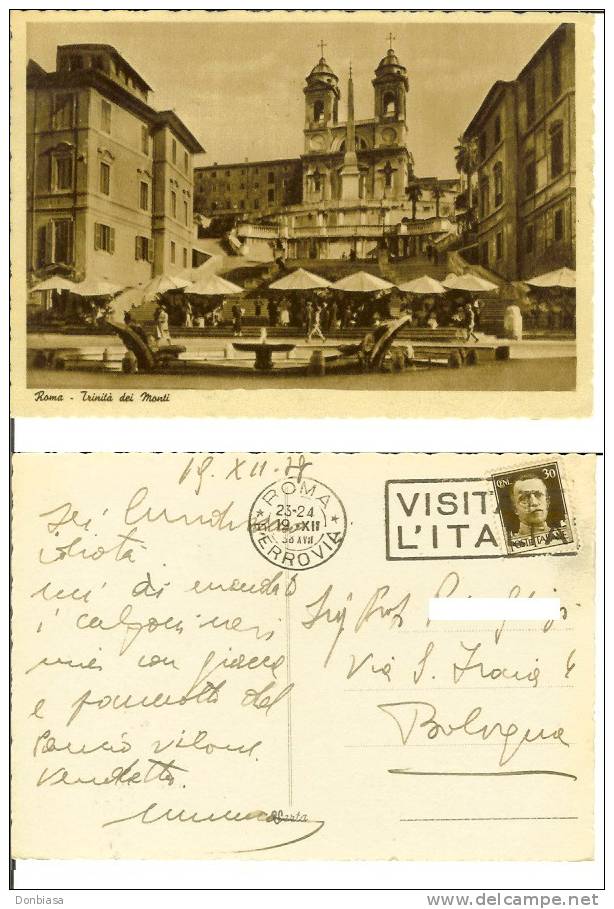 Roma: Trinità Dei Monti. Cartolina Viagg. 1938. Animata, Bancarelle, Ombrelloni, Ecc.. - Places & Squares