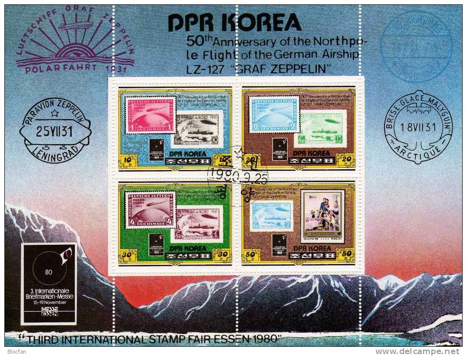Briefmarken-Messe Essen 1980 Korea O 2047/0,6xZD+KB 70€ Polarfahrt Zeppelin Stamp On Stamp Bloc M/s Topic Sheet Bf Corea - Antarctic Expeditions
