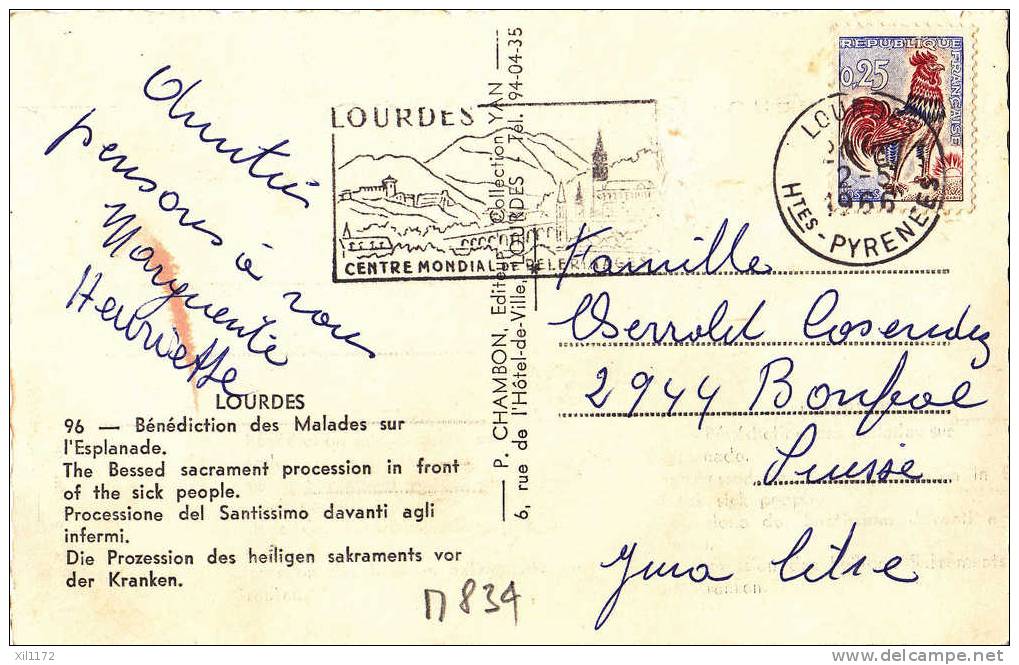 M834 Lourdes Bénédiction Des Malades Sur L´Esplanade.Cachet Lourdes 1955 V. Bonfol.Chambon 96 - Heilige Plaatsen