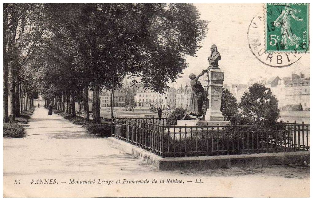 51. Vannes Monument Lesage Et Promenade De La Rabine LL Animée - Vannes