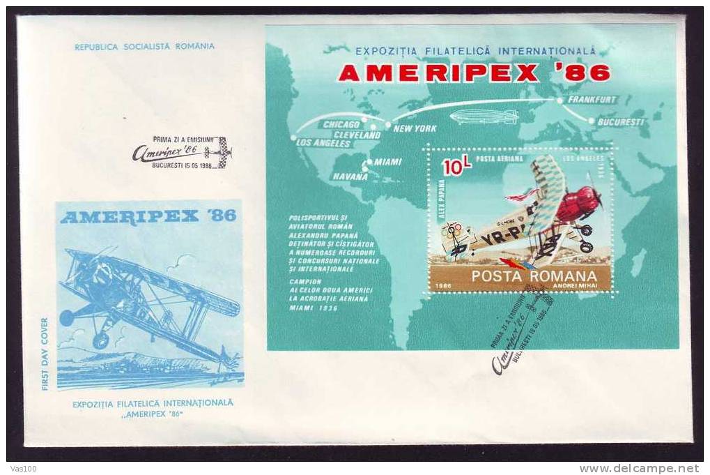 ROMANIA,FDC COVER,1X,1986,BLOCK AMERIPEX EXHIBITION PHILATELIQUE,AIRPLANE,AVIONS. - Sonstige (Luft)