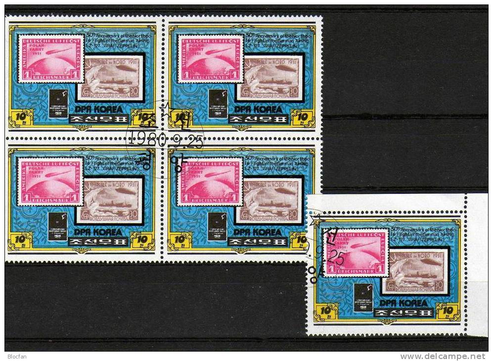 50 Jahre Polarfahrt Zeppelin LZ 127 Messe In Essen Coree O 2047, 4-Block + KB 13€ Stamp On Stamp - Altri & Non Classificati