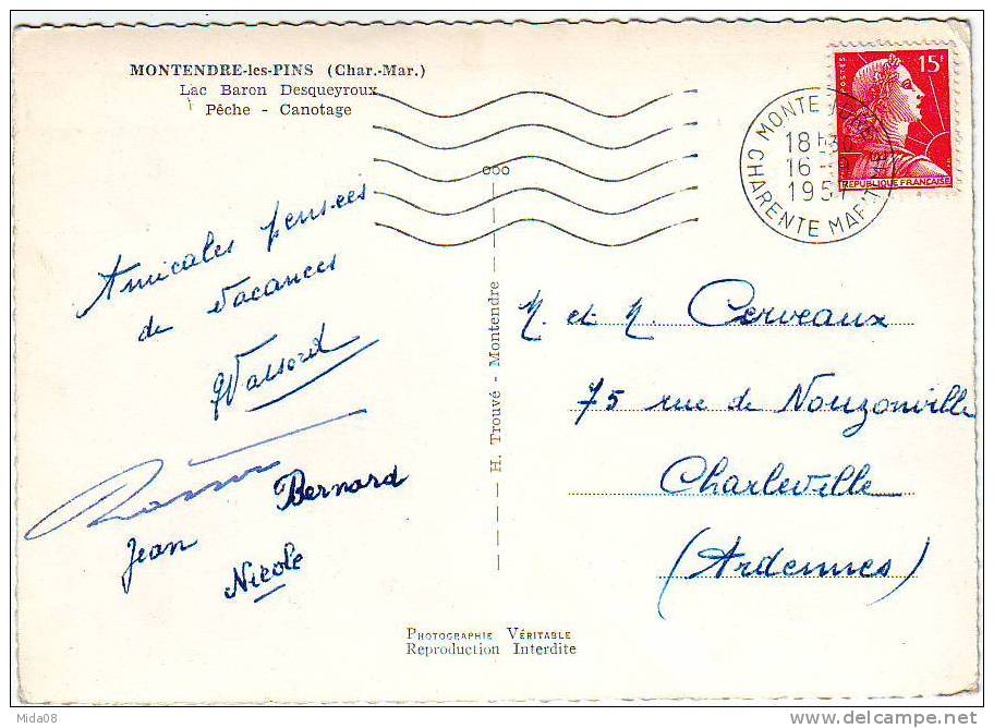 17. MONTENDRE LES PINS. LAC BARON DESQUEYROUX.PECHE . CANOTAGE. Beau Cachet De MONTENDRE. - Montendre