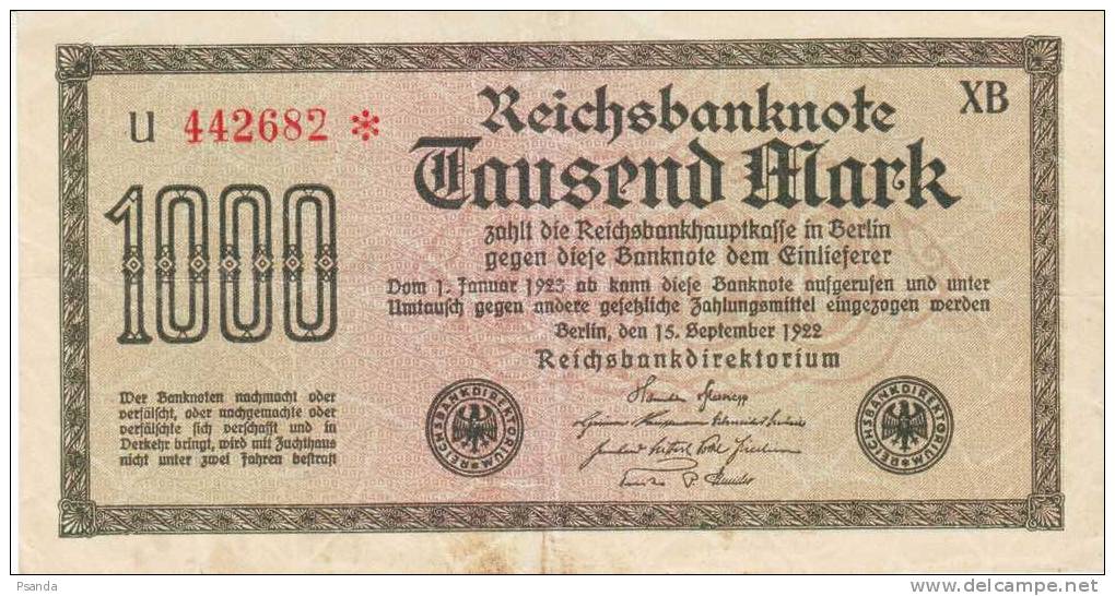 Germany 1922 1000 Mark XB - Deutsche Golddiskontbank