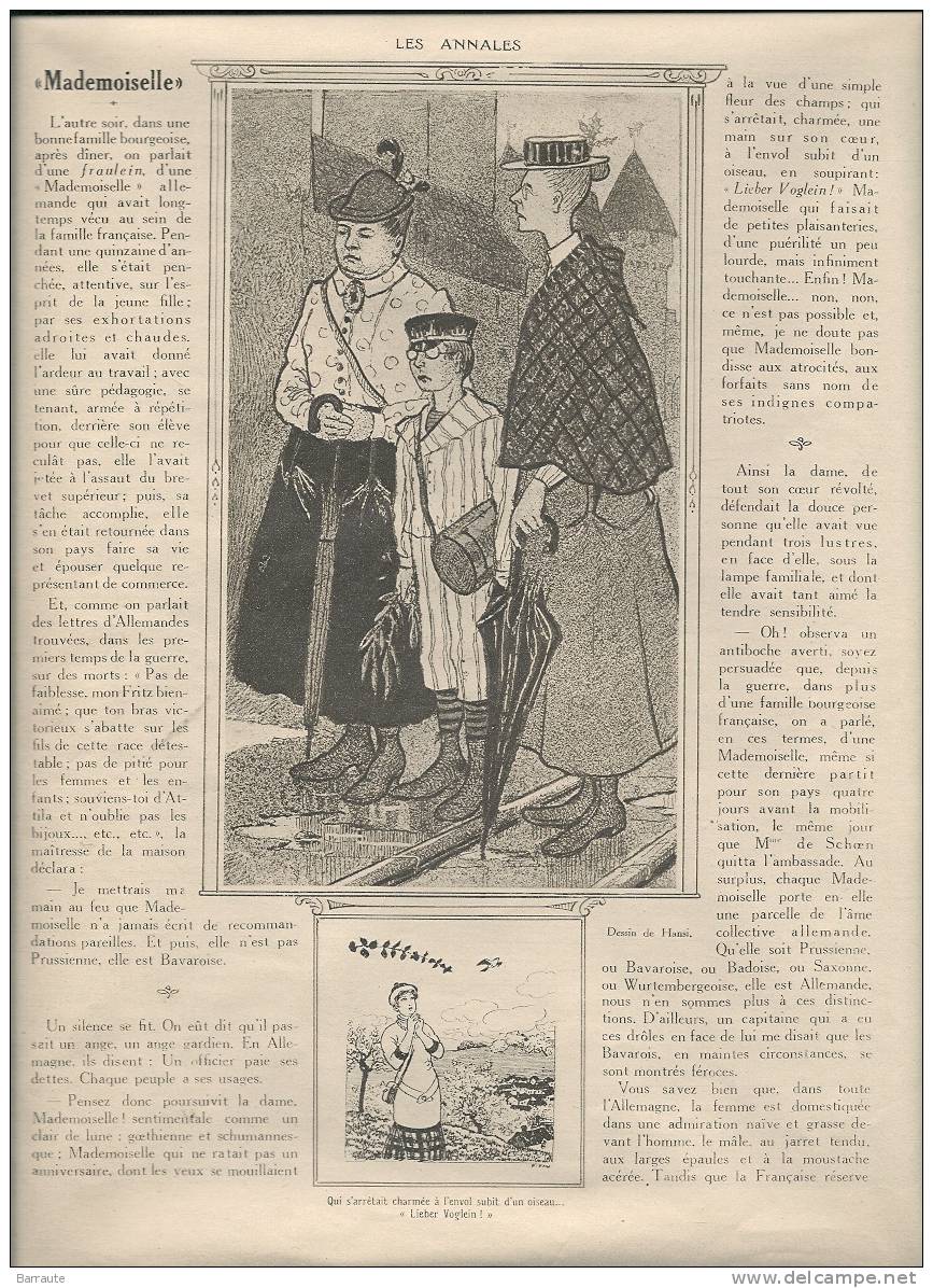 Feuillet Article Actualité De 1916 " Mademoiselle Avec Dessins Signés  HANSI"  Teste Signé M.DONNAY - Documents Historiques