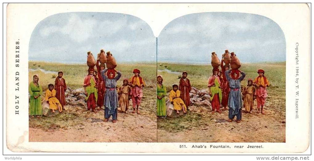 Palestine Holy Land "Ahab's Fountain" Stereo Colorful Postcard 1904 - Cartes Stéréoscopiques