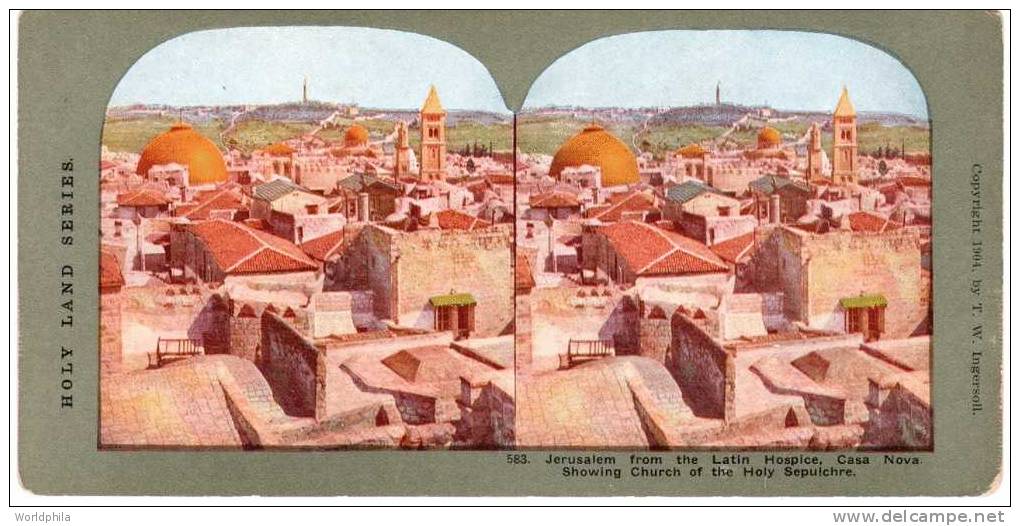 Palestine Holy Land "Jerusalem Church Of The Holy Sepulchre" Stereo Colorful Postcard 1904 - Cartes Stéréoscopiques