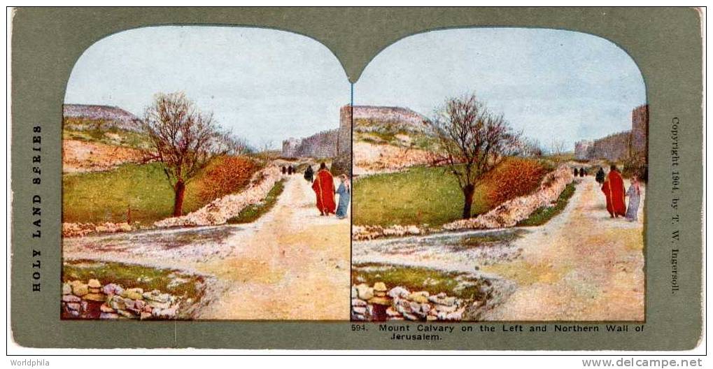 Palestine Holy Land "Jerusalem Mount Calavry And Old City Northern Wall" Stereo Colorful Postcard 1904 - Stereoscope Cards