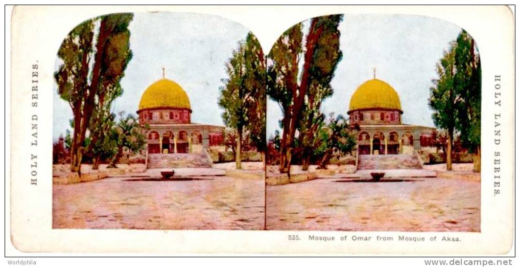 Palestine Holy Land "Omar Mosque" Stereo Colorful Postcard 1904 - Cartes Stéréoscopiques