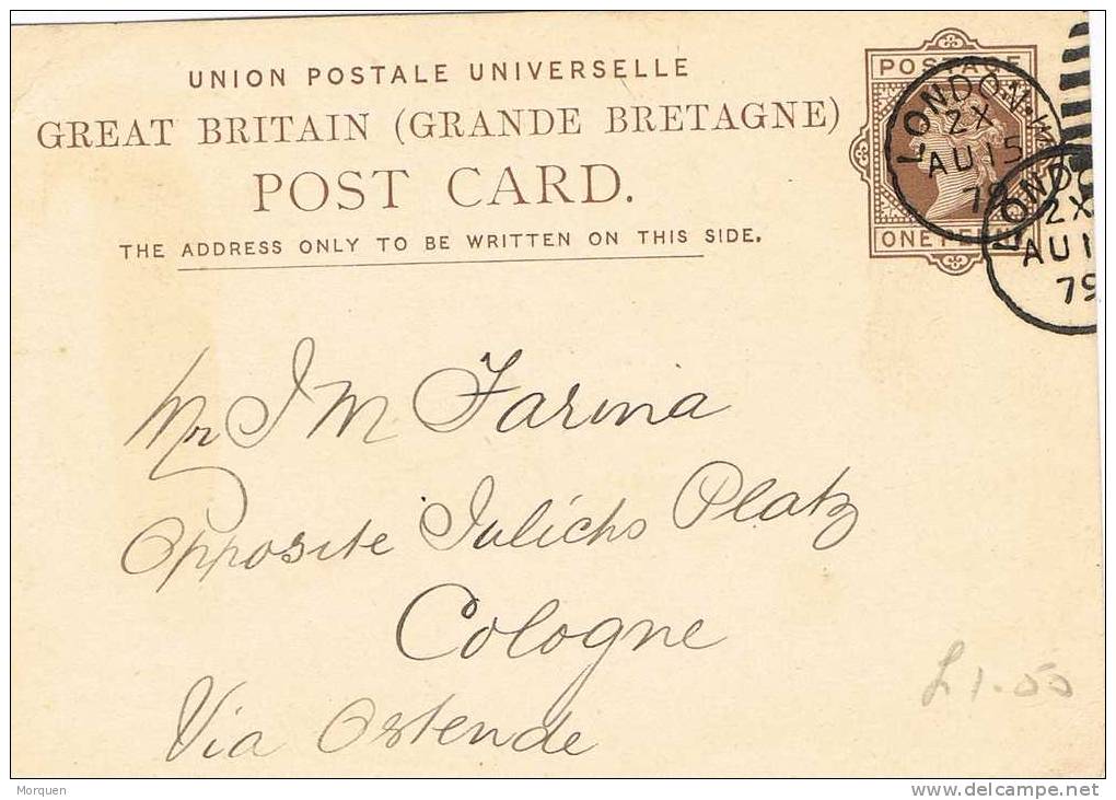 Entero Postal LONDON 1879 A Colonia Via Ostende - Briefe U. Dokumente