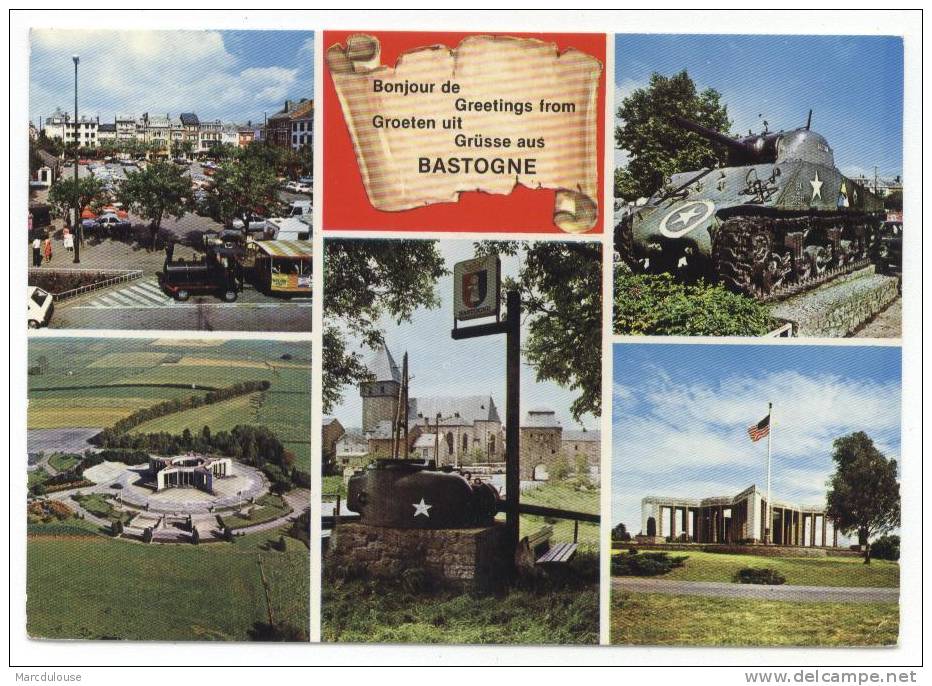 Bastogne. Bastenaken. Bonjour. 5 Vues: Grand´place, Mardasson, Char D´assaut, église, Petit Train Touristique. - Bastogne