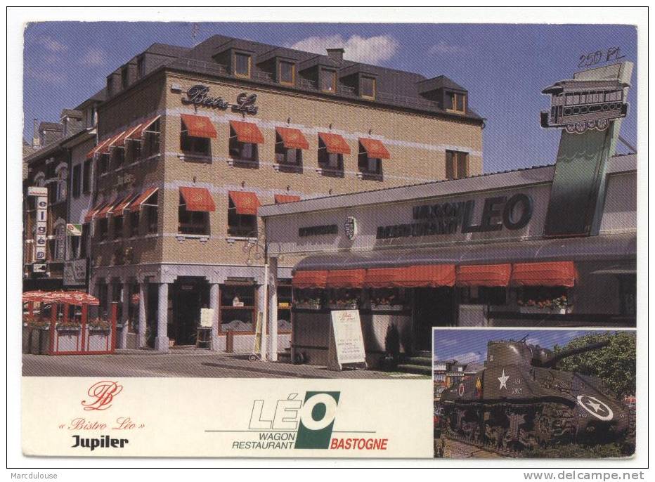 Bastogne. Bastenaken. 2 Vues: Bistro Léo, Jupiler, Wagon Restaurant Léo Et Un Char D'assaut. 2 Zichten: Pantserwagen ... - Bastogne