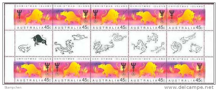 Christmas Is. (Australia) 1997 Year Of The Ox Stamps Gutter Pair Of 5 Chinese New Year Zodiac Cow - Nuovi