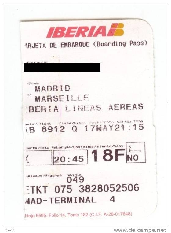Ticket D´embarquement Vol Madrid Marseille.( Voir Commenaires) - Europa