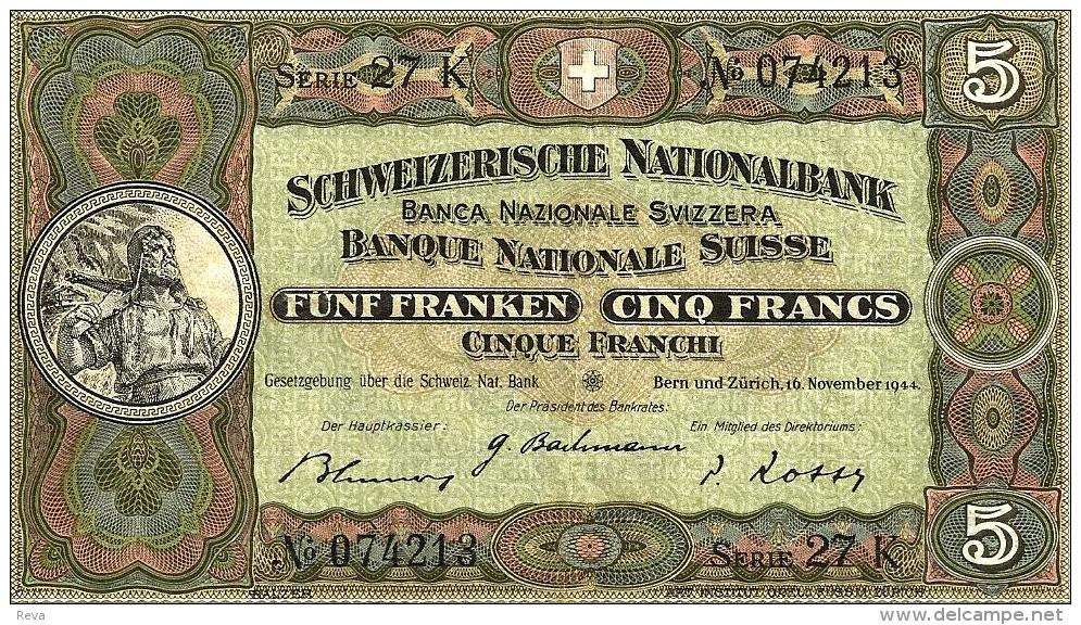SWITZERLAND 5 FRANCS DARK GREEN MAN HEAD FRONT & MOTIF BACK DATED 16-11-1944 EF P.11k  READ DESCRIPTION ! - Switzerland