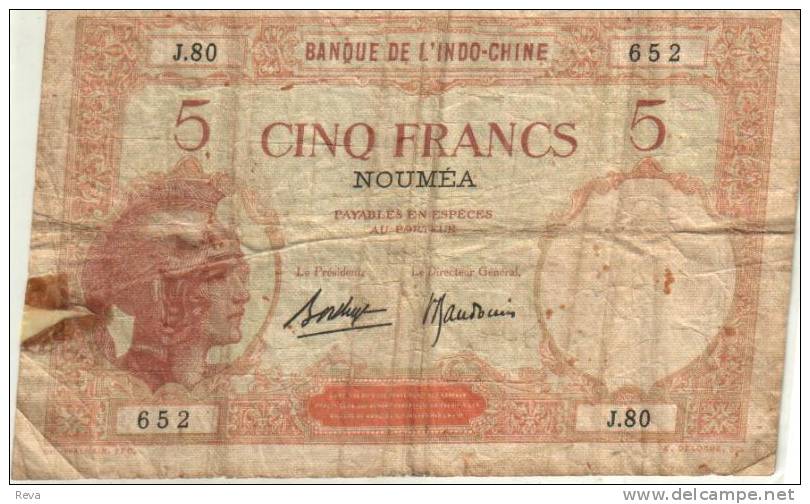 NEW CALEDONIA 5 FRANCS BANQUE L´INDOCHINE WOMAN HEAD FRONT  MOTIF BACK ND(1926) P36a SIGN VARIETY  READ DESCRIPTION - Nouméa (New Caledonia 1873-1985)