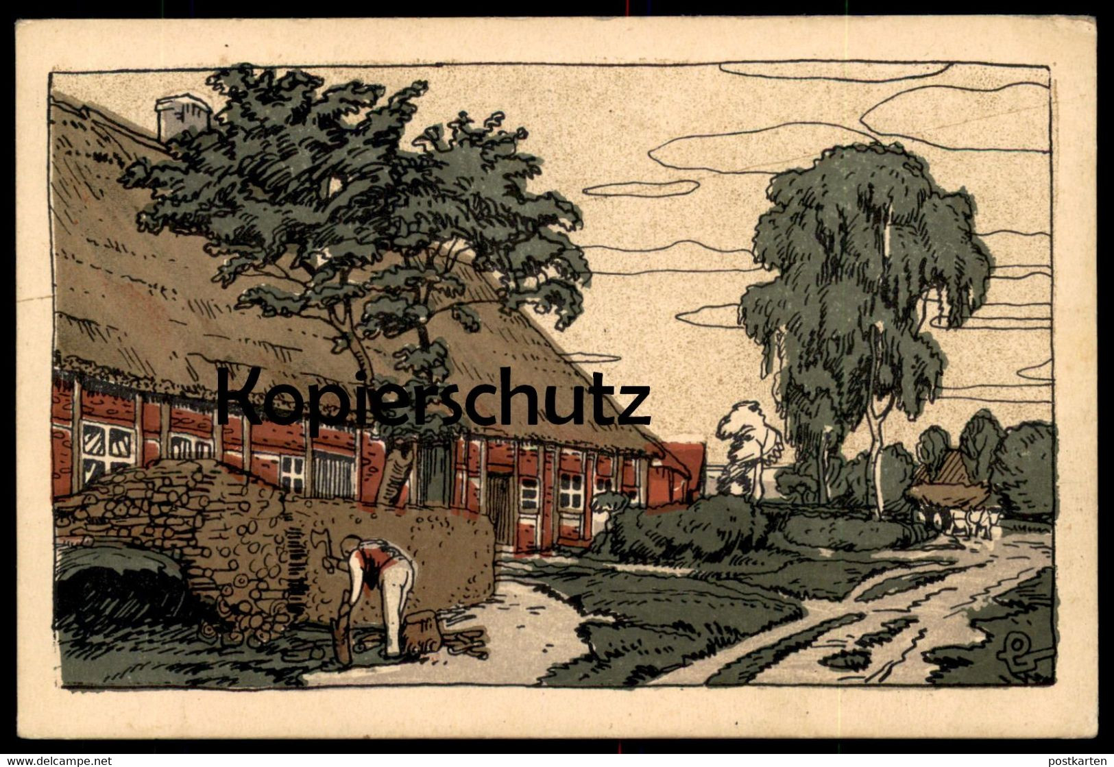 ALTE POSTKARTE KÜNSTLERSTEINZEICHNUNG STEINDRUCK LÜNEBURGER HEIDE Dorfkathe Steinzeichnung Ansichtskarte Cpa AK Postcard - Fallingbostel