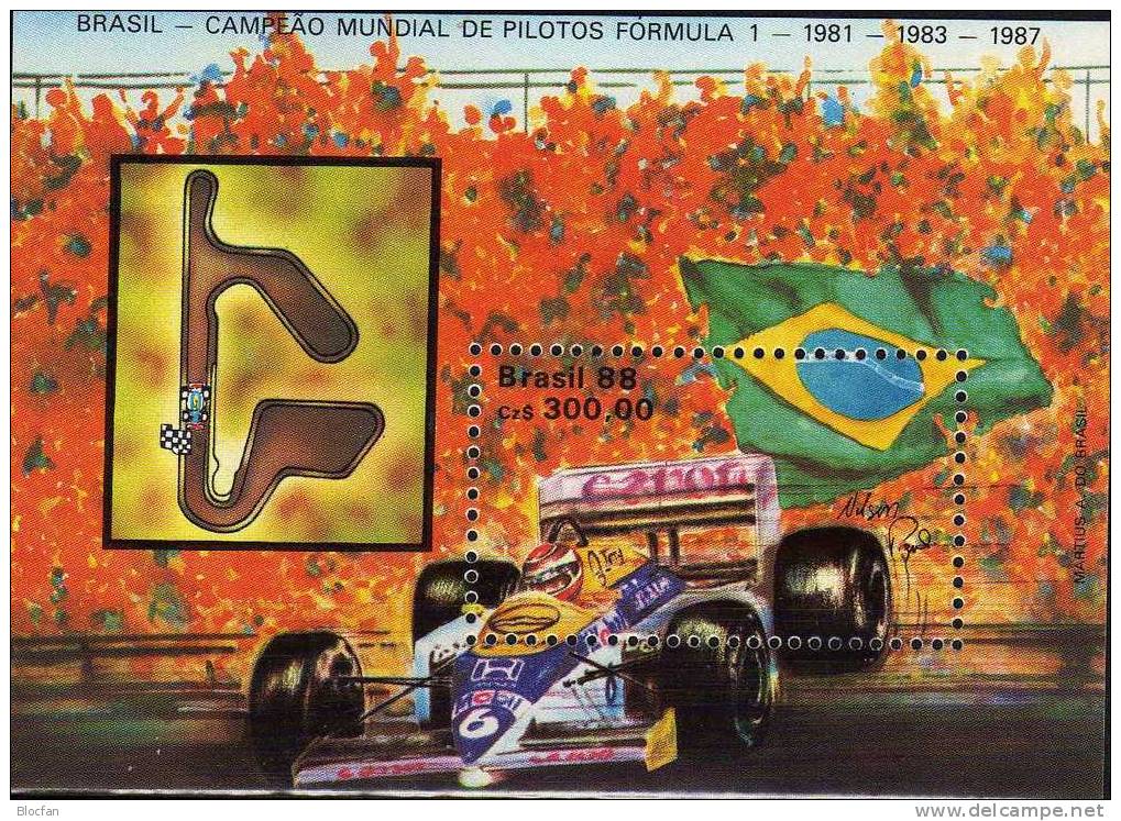 WM Formel 1 In Rio 1988 Brasilien Block 73 ** 14€ Rennwagen Williams-Honda Nelson Piquet Flagge Auto M/s Sheet Bf Brazil - Blocs-feuillets