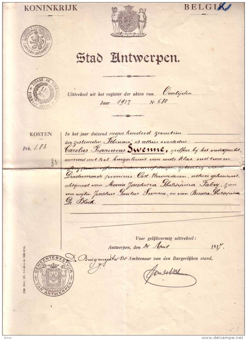 ANTWERPEN   STAD ANTWERPEN  Koninkrijk Belgie     SWENNE Griffier 24.04.1917 - Autres & Non Classés