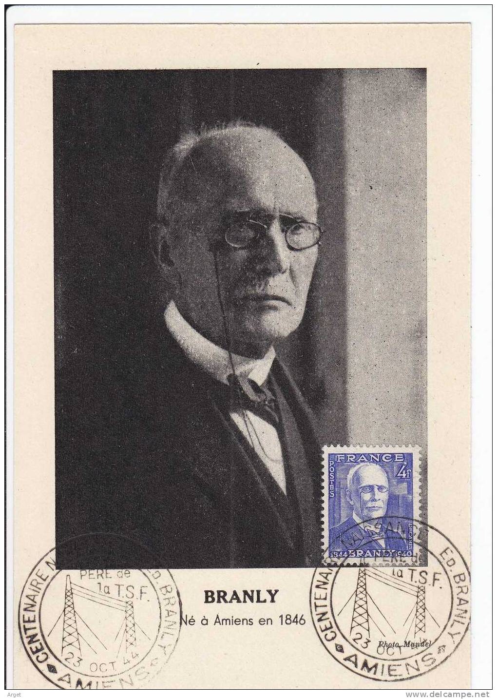 Carte Maximum FRANCE N° Yvert 599 (Branly) Obl Sp Ill Centenaire Naissance Amiens (Ed Chariol) - 1940-1949