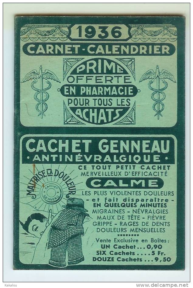 PETIT CALENDRIER CARNET 1936 CACHET GENNEAU - Petit Format : 1921-40