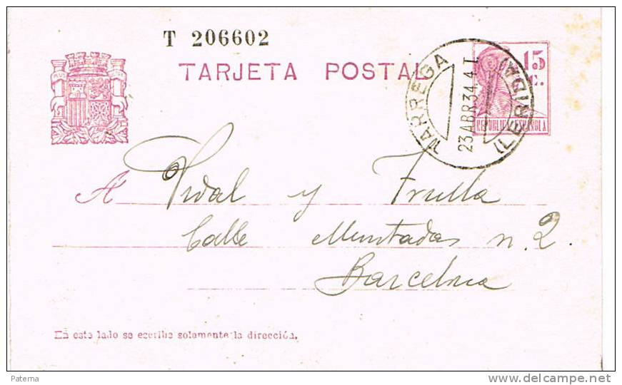 3546  Entero Postal, TARREGA 1934,( Lerida)  República Española - 1931-....