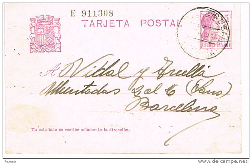 3546   Entero Postal, MOLLERUSA,  ( Lerida) República Española - 1931-....