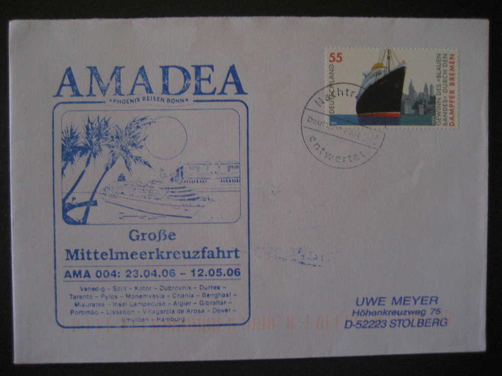 VILLAGARCIA DE AROSA Pontevedra Galicia Gibraltar ... Venedig ... Hamburg Alemania Germany MS AMADEA Ship Barco Bateau - Military Service Stamp