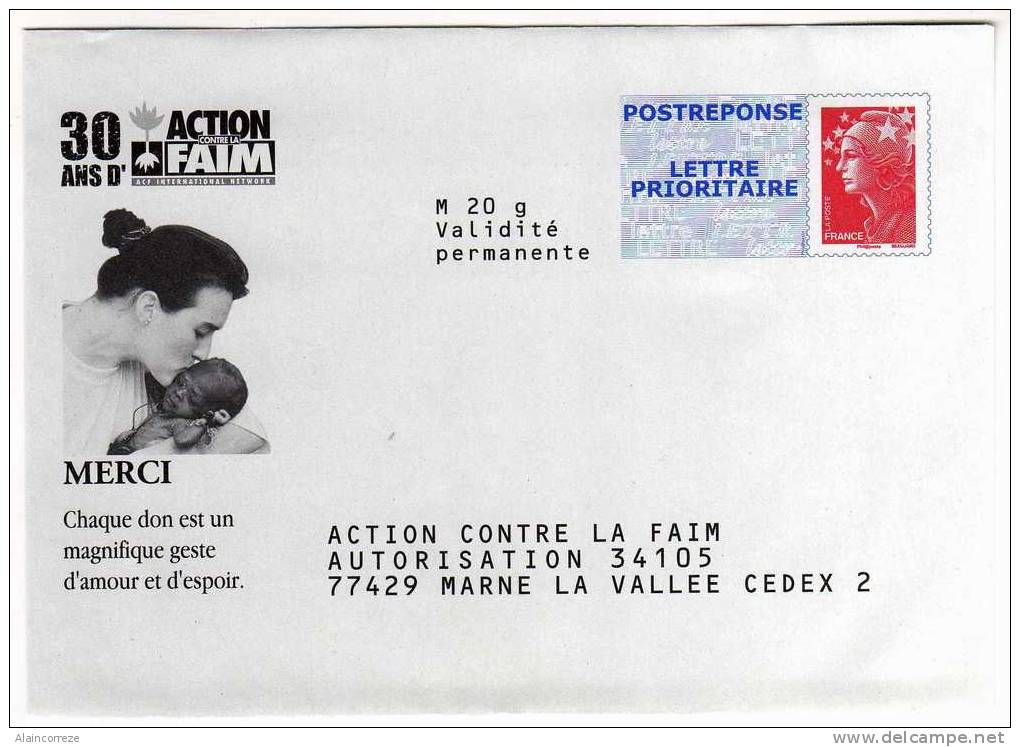 Entier Postal PAP Postréponse Seine Et MArne Marne La Vallée Action Contre La Faim Autorisation 34105 N° Au Dos 08P592 - Listos Para Enviar: Respuesta /Beaujard