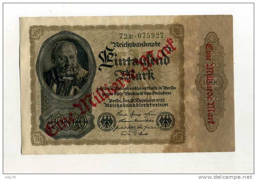 - ALLEMAGNE . REICHSBANKNOTE . 1 MILLIARDE MARK . SURCHARGE ROUGE SUR 1000 M. DE 1922 - 1 Milliarde Mark