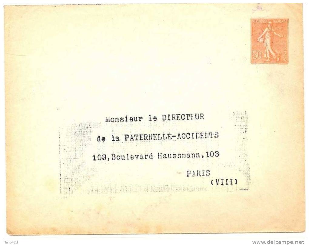 REF LRD5 - FRANCE - EP ENVELOPPE TYPE SEMEUSE LIGNEE 50c REPIQUAGE LA PATERNELLE ACCIDENTS - Overprinted Covers (before 1995)